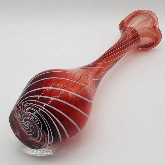 Vintage Esborg, Denmark 1970s Red Cranberry White Swirl Art Glass Vase - Picture 8 of 13